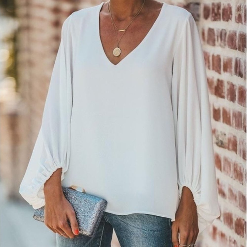 Lantern Sleeve V-Neck Top for Women'